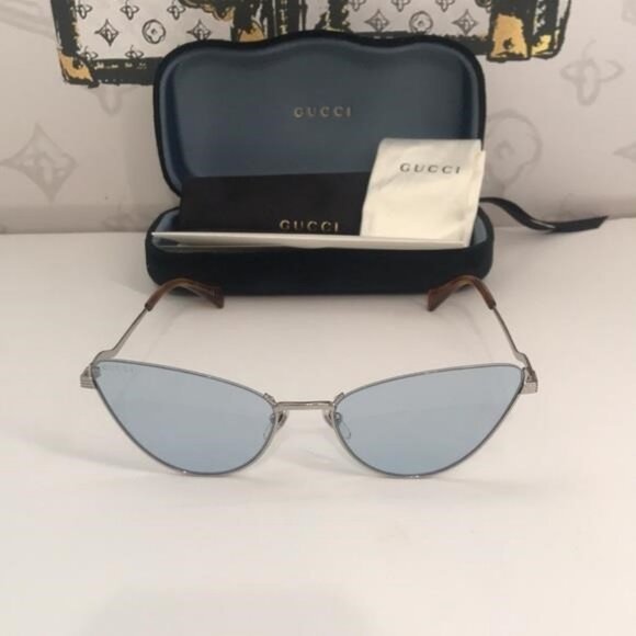 New Authentic Gucci GG1006S 004 Silver Cat-Eye Sunglasses Light Blue Lenses main image 3